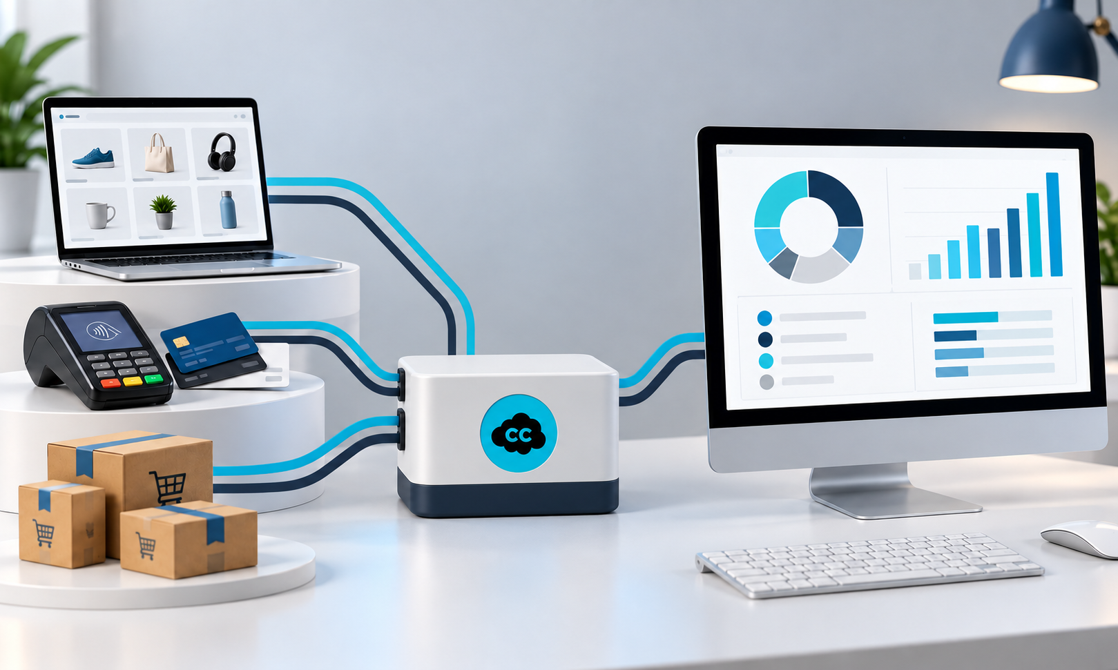 E-commerce sales and payment channels flowing through a tailored integration into a clear accounting report